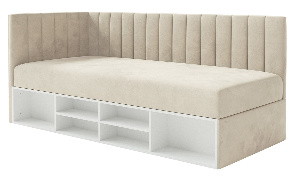 Lit jeune 90x200 cm Ventrio gauche avec rangement et étagères velours hydrofuge beige clair facile à nettoyer