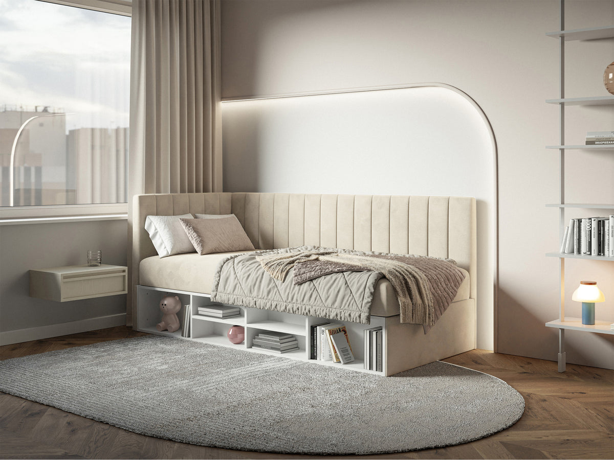 Lit jeune 90x200 cm Ventrio gauche avec rangement et étagères velours hydrofuge beige clair facile à nettoyer
