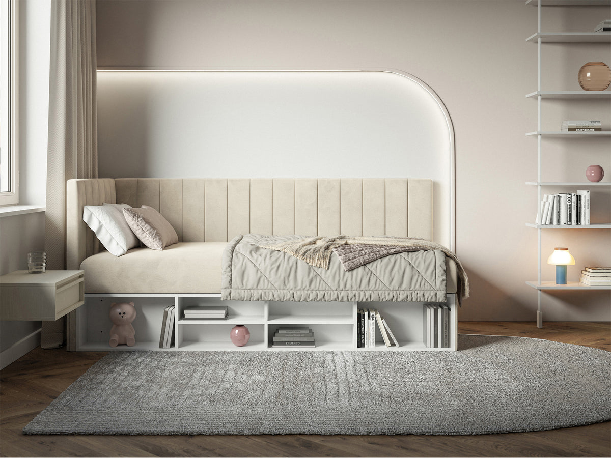 Lit jeune 90x200 cm Ventrio gauche avec rangement et étagères velours hydrofuge beige clair facile à nettoyer