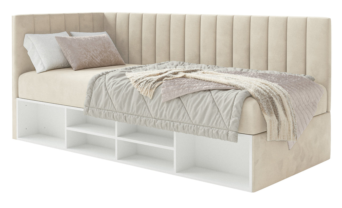 Lit jeune 90x200 cm Ventrio gauche avec rangement et étagères velours hydrofuge beige clair facile à nettoyer