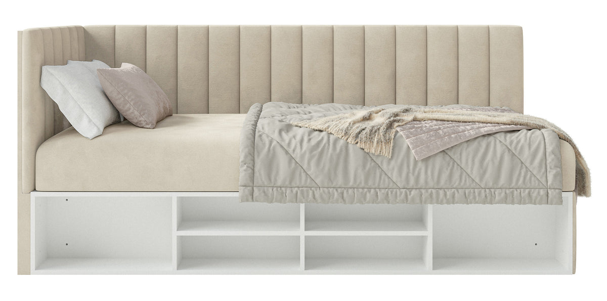 Lit jeune 90x200 cm Ventrio gauche avec rangement et étagères velours hydrofuge beige clair facile à nettoyer