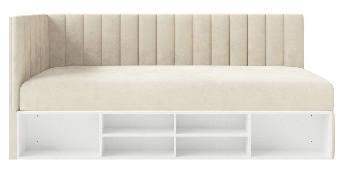 Lit jeune 90x200 cm Ventrio gauche avec rangement et étagères velours hydrofuge beige clair facile à nettoyer
