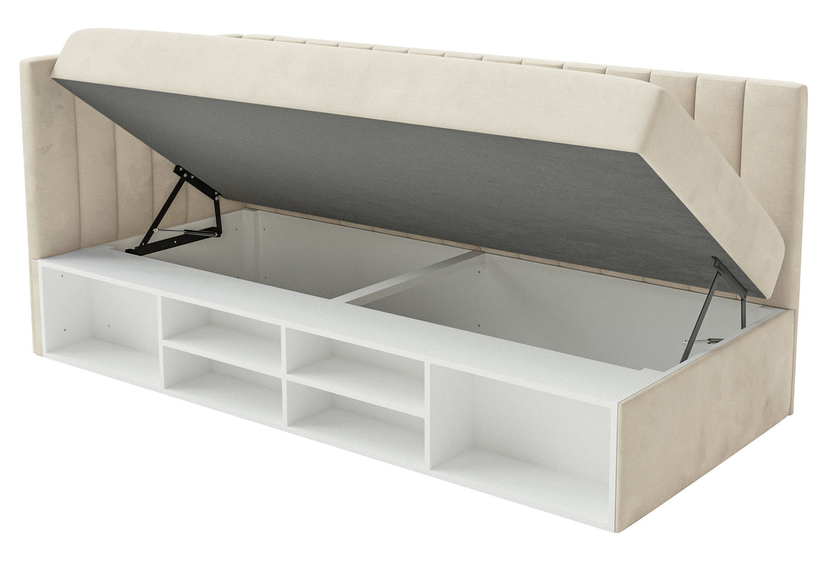 Lit jeune 90x200 cm Ventrio gauche avec rangement et étagères velours hydrofuge beige clair facile à nettoyer