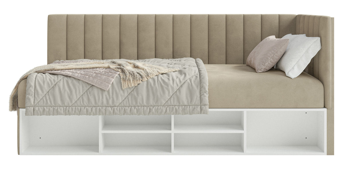 Jugendbett 90x200 cm Ventrio rechtsseitig mit Stauraum und Regalen, hellgraubeiger Velours, wasserabweisend und leicht zu reinigen