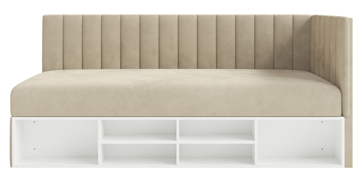 Jugendbett 90x200 cm Ventrio rechtsseitig mit Stauraum und Regalen, hellgraubeiger Velours, wasserabweisend und leicht zu reinigen
