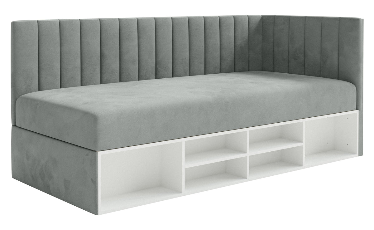 Lit simple 90x200 cm Ventrio droit avec rangement et étagères, velours hydrofuge gris facile à nettoyer