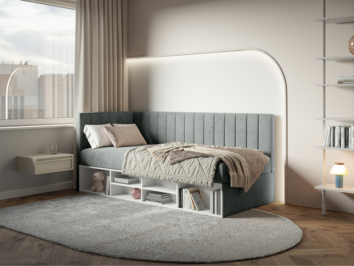 Jugendbett 90x200 cm Ventrio linksseitig mit Stauraum und Regalen, grauer Velours, wasserabweisend und leicht zu reinigen