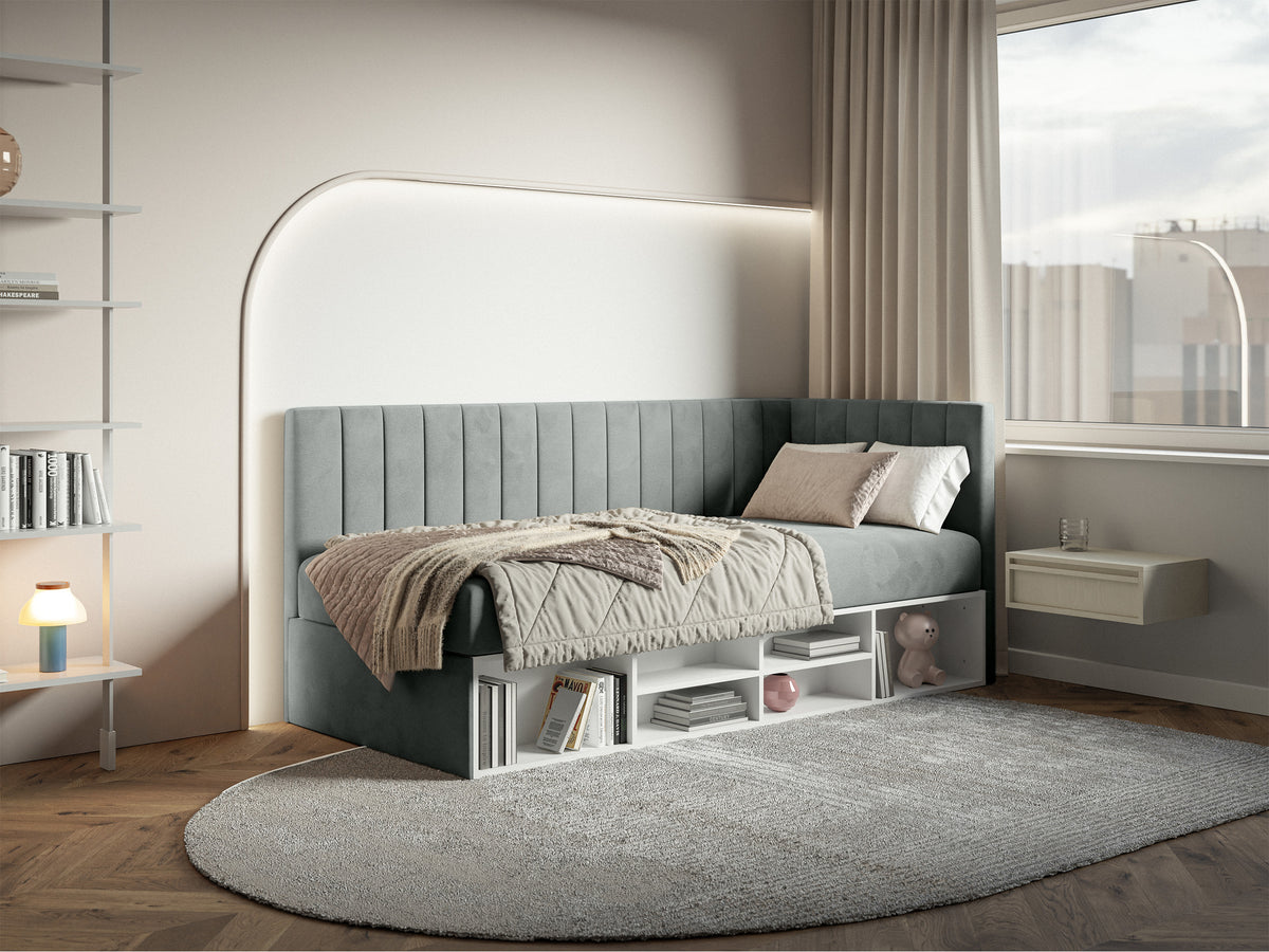 Lit simple 90x200 cm Ventrio droit avec rangement et étagères, velours hydrofuge gris facile à nettoyer