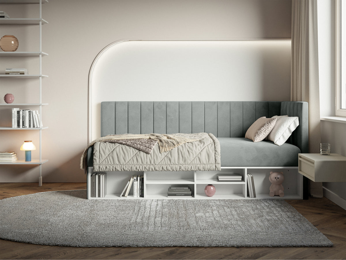 Lit simple 90x200 cm Ventrio droit avec rangement et étagères, velours hydrofuge gris facile à nettoyer