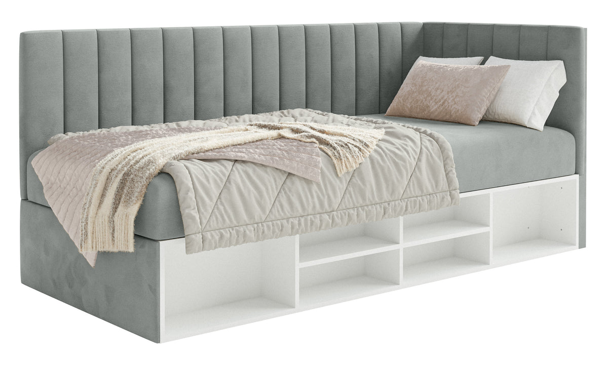 Lit simple 90x200 cm Ventrio droit avec rangement et étagères, velours hydrofuge gris facile à nettoyer