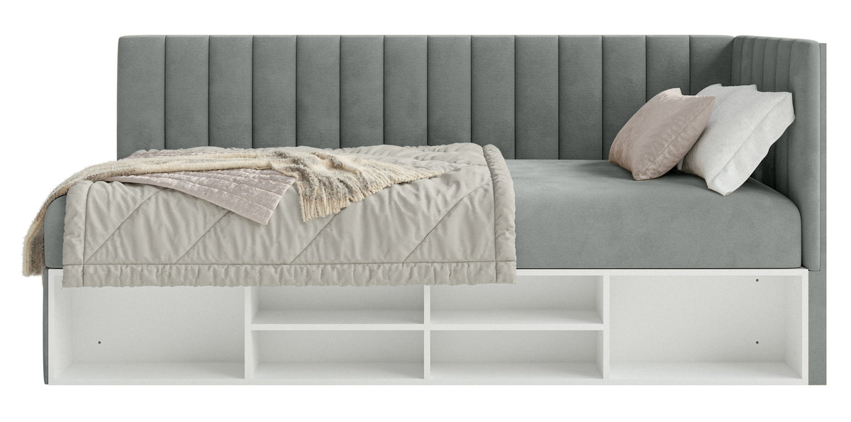 Lit simple 90x200 cm Ventrio droit avec rangement et étagères, velours hydrofuge gris facile à nettoyer