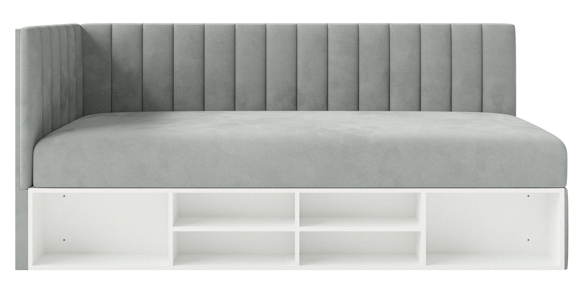 Jugendbett 90x200 cm Ventrio linksseitig mit Stauraum und Regalen, grauer Velours, wasserabweisend und leicht zu reinigen