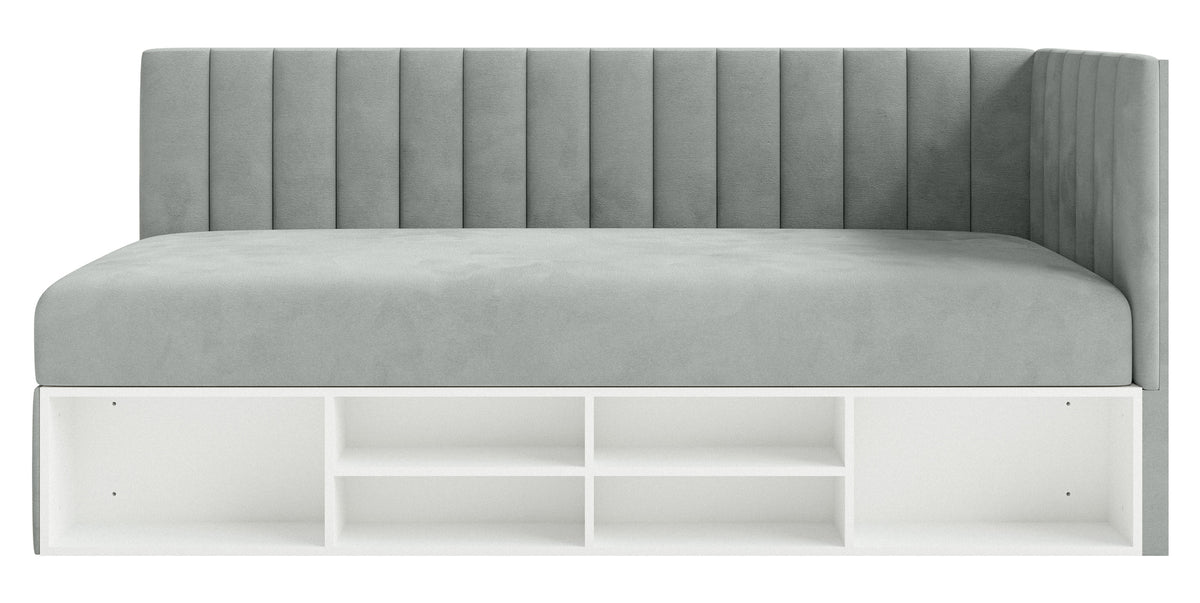 Lit simple 90x200 cm Ventrio droit avec rangement et étagères, velours hydrofuge gris facile à nettoyer