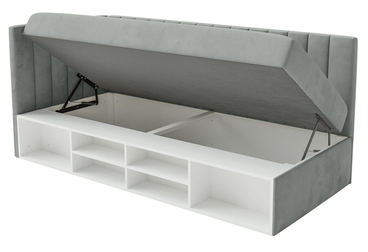 Jugendbett 90x200 cm Ventrio linksseitig mit Stauraum und Regalen, grauer Velours, wasserabweisend und leicht zu reinigen
