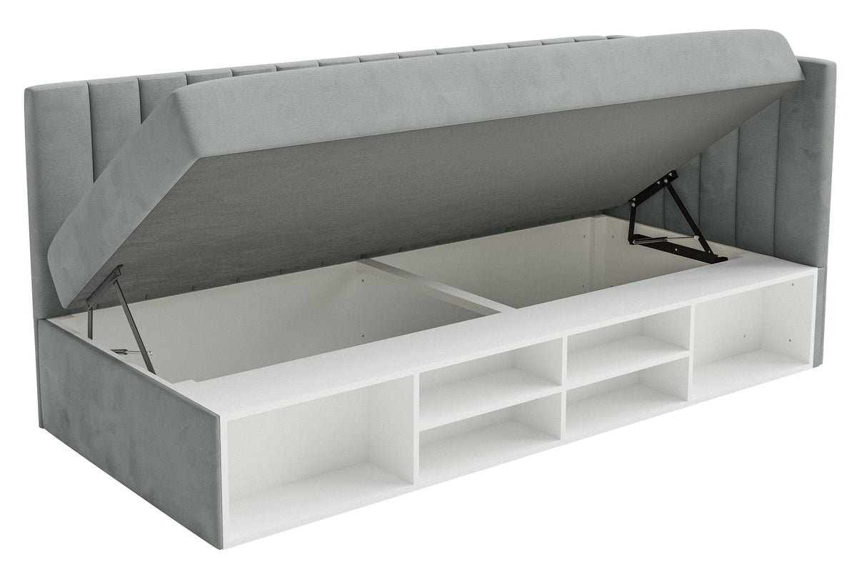 Lit simple 90x200 cm Ventrio droit avec rangement et étagères, velours hydrofuge gris facile à nettoyer