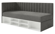 Lit junior 90x200 cm Ventrio gauche avec rangement et étagères, velours hydrofuge et facile à nettoyer, gris foncé