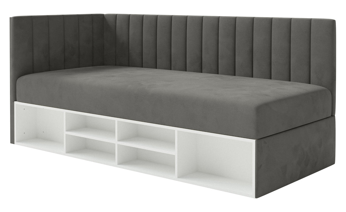 Lit junior 90x200 cm Ventrio gauche avec rangement et étagères, velours hydrofuge et facile à nettoyer, gris foncé