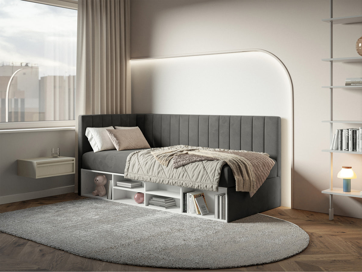 Lit junior 90x200 cm Ventrio gauche avec rangement et étagères, velours hydrofuge et facile à nettoyer, gris foncé