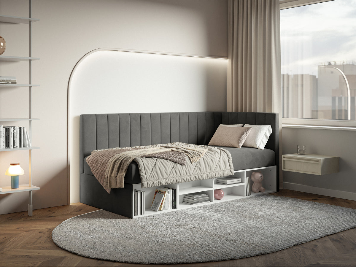Jugendbett 90x200 cm Ventrio rechtsseitig mit Stauraum und Regalen, dunkelgrauer Samt, wasserabweisend und leicht zu reinigen