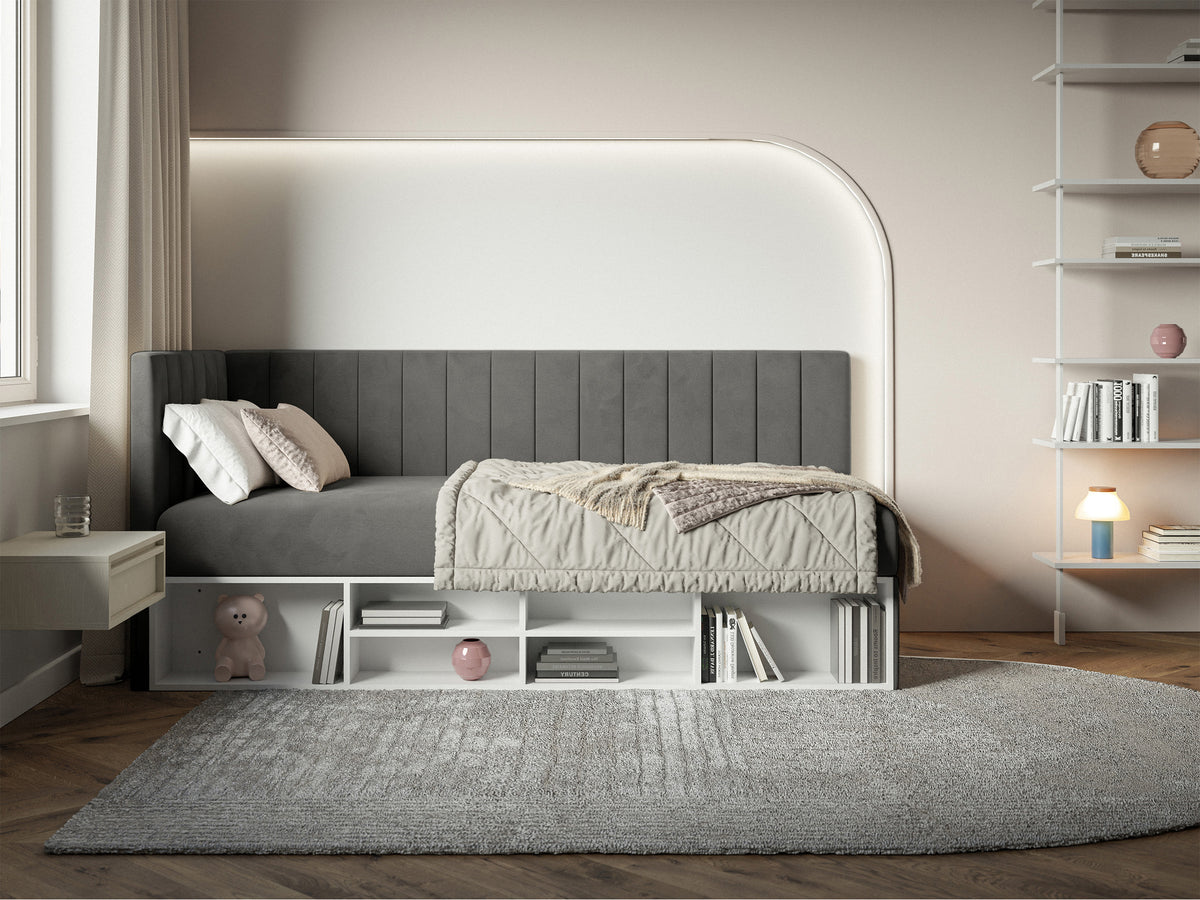 Lit junior 90x200 cm Ventrio gauche avec rangement et étagères, velours hydrofuge et facile à nettoyer, gris foncé
