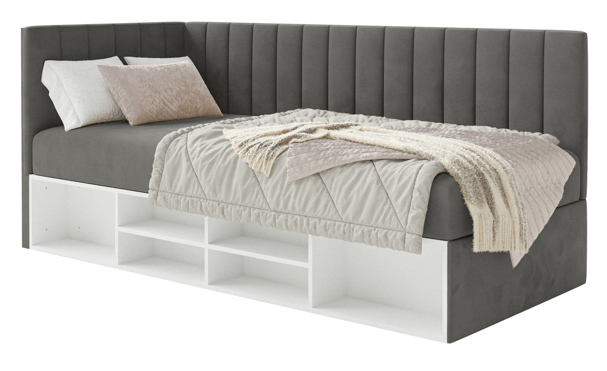 Lit junior 90x200 cm Ventrio gauche avec rangement et étagères, velours hydrofuge et facile à nettoyer, gris foncé