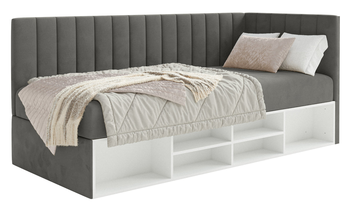 Jugendbett 90x200 cm Ventrio rechtsseitig mit Stauraum und Regalen, dunkelgrauer Samt, wasserabweisend und leicht zu reinigen