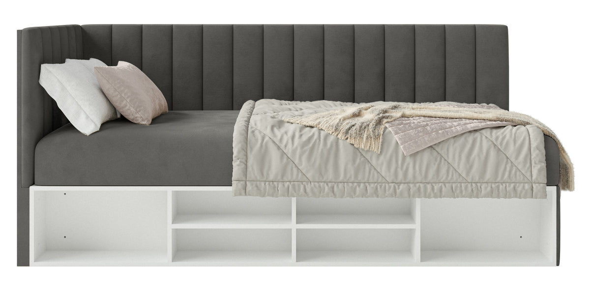 Lit junior 90x200 cm Ventrio gauche avec rangement et étagères, velours hydrofuge et facile à nettoyer, gris foncé
