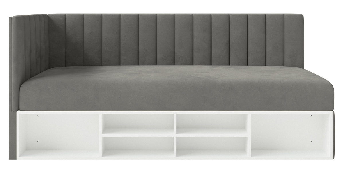 Lit junior 90x200 cm Ventrio gauche avec rangement et étagères, velours hydrofuge et facile à nettoyer, gris foncé