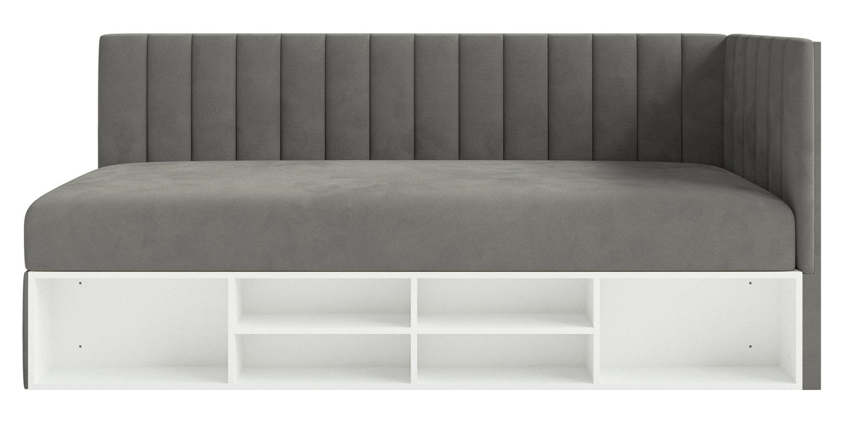 Jugendbett 90x200 cm Ventrio rechtsseitig mit Stauraum und Regalen, dunkelgrauer Samt, wasserabweisend und leicht zu reinigen