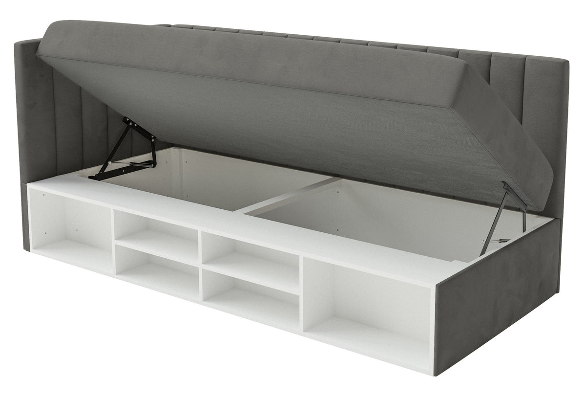 Lit junior 90x200 cm Ventrio gauche avec rangement et étagères, velours hydrofuge et facile à nettoyer, gris foncé
