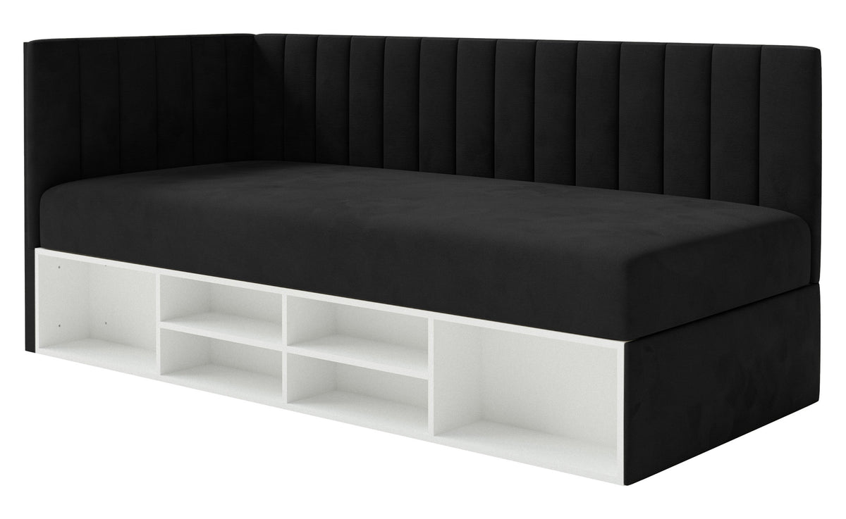 Lit pour adolescent 90x200 cm Ventrio gauche avec rangement et étagères, velours hydrofuge noir facile à nettoyer