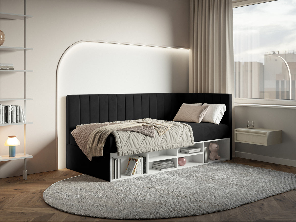 Jugendbett 90x200 cm Ventrio rechtsseitig mit Stauraum und Regalen, schwarzer Velours, wasserabweisend und leicht zu reinigen