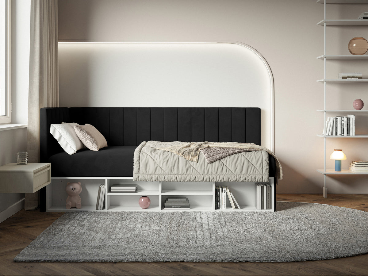 Lit pour adolescent 90x200 cm Ventrio gauche avec rangement et étagères, velours hydrofuge noir facile à nettoyer