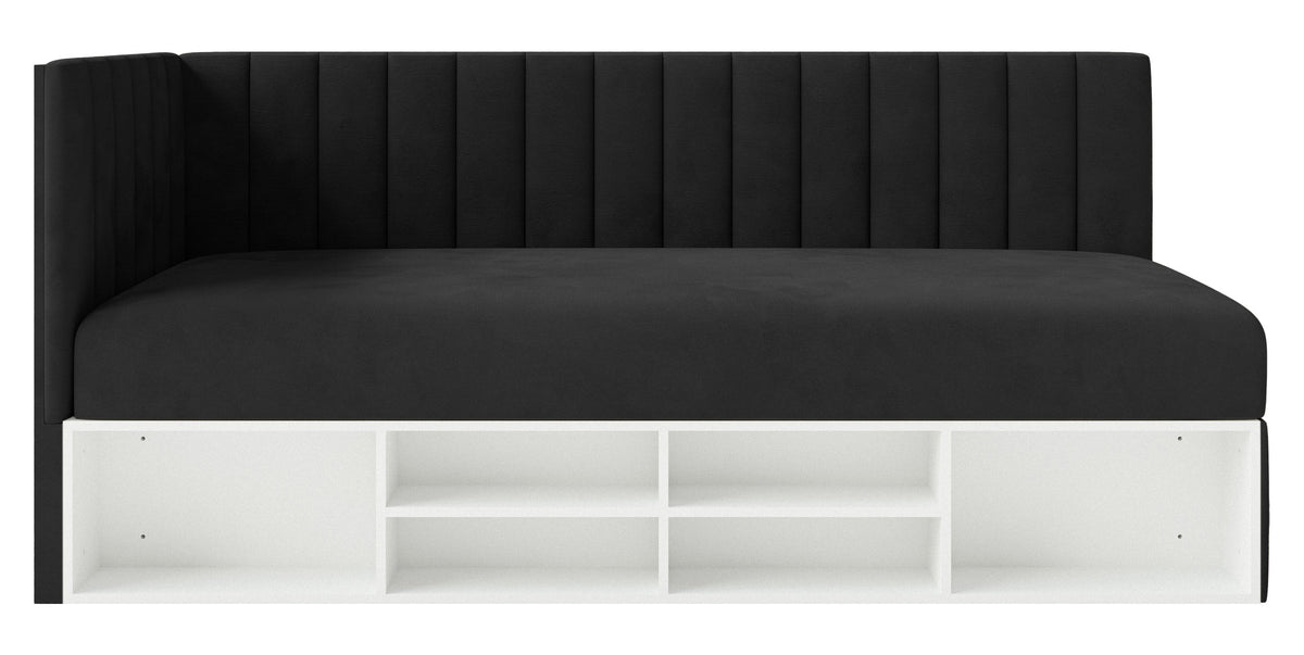 Jugendbett 90x200 cm Ventrio linksseitig mit Stauraum und Regalen, schwarzer Velours, wasserabweisend und leicht zu reinigen