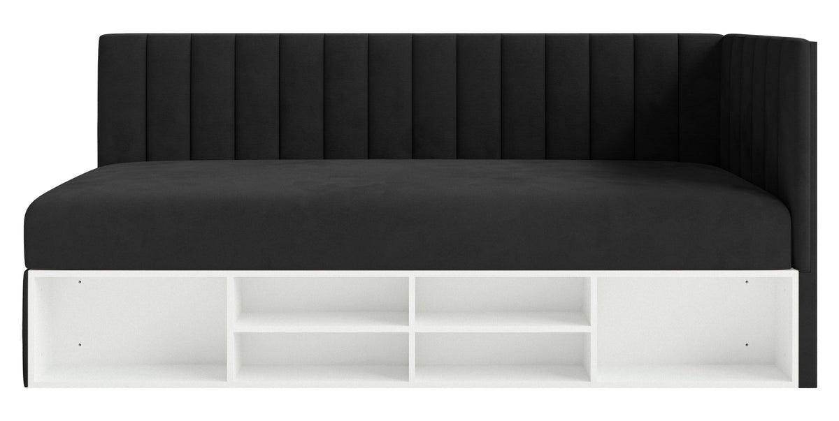 Jugendbett 90x200 cm Ventrio rechtsseitig mit Stauraum und Regalen, schwarzer Velours, wasserabweisend und leicht zu reinigen