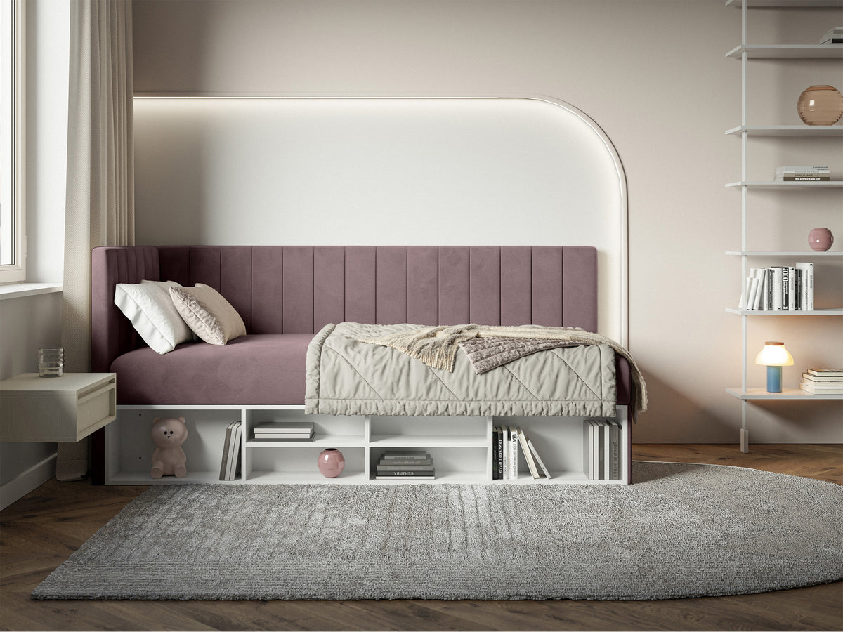 Jugendbett 90x200 cm Ventrio linksseitig mit Stauraum und Regalen, violetter Velours, wasserabweisend und leicht zu reinigen