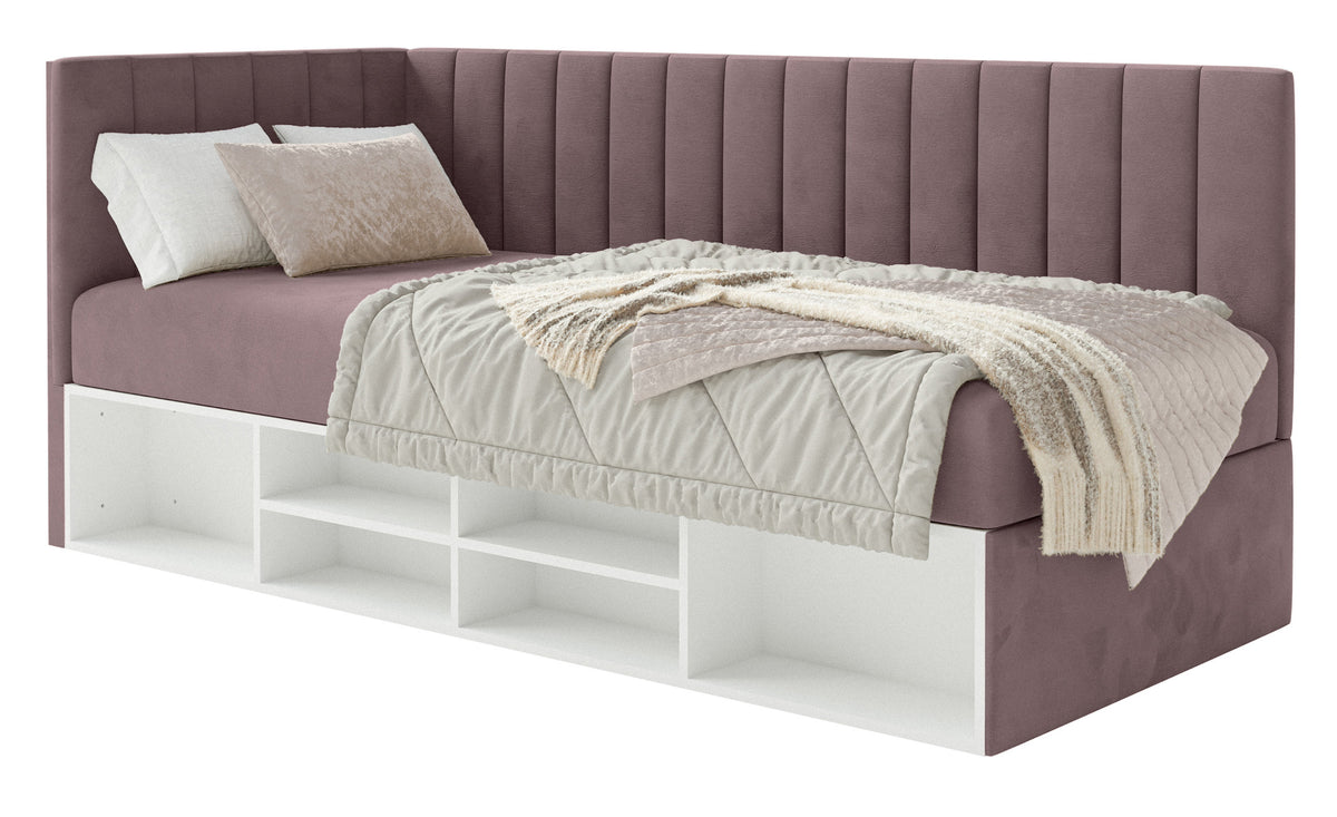 Jugendbett 90x200 cm Ventrio linksseitig mit Stauraum und Regalen, violetter Velours, wasserabweisend und leicht zu reinigen
