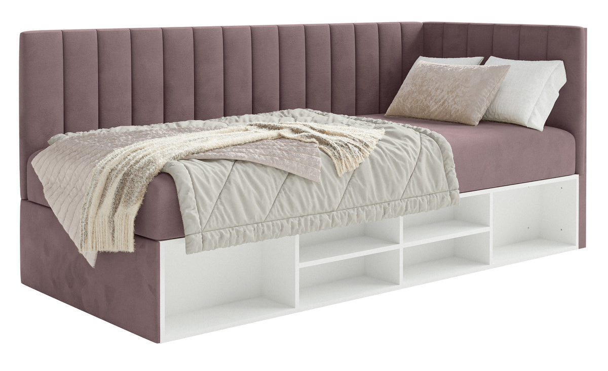 Jugendbett 90x200 cm Ventrio rechtsseitig mit Stauraum und Regalen, violetter Velours, hydrophob und leicht zu reinigen