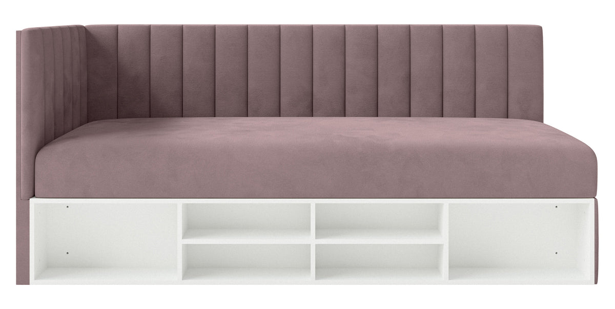 Jugendbett 90x200 cm Ventrio linksseitig mit Stauraum und Regalen, violetter Velours, wasserabweisend und leicht zu reinigen