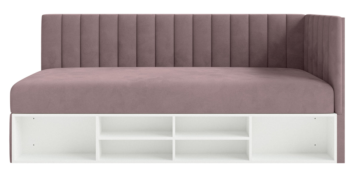 Jugendbett 90x200 cm Ventrio rechtsseitig mit Stauraum und Regalen, violetter Velours, hydrophob und leicht zu reinigen