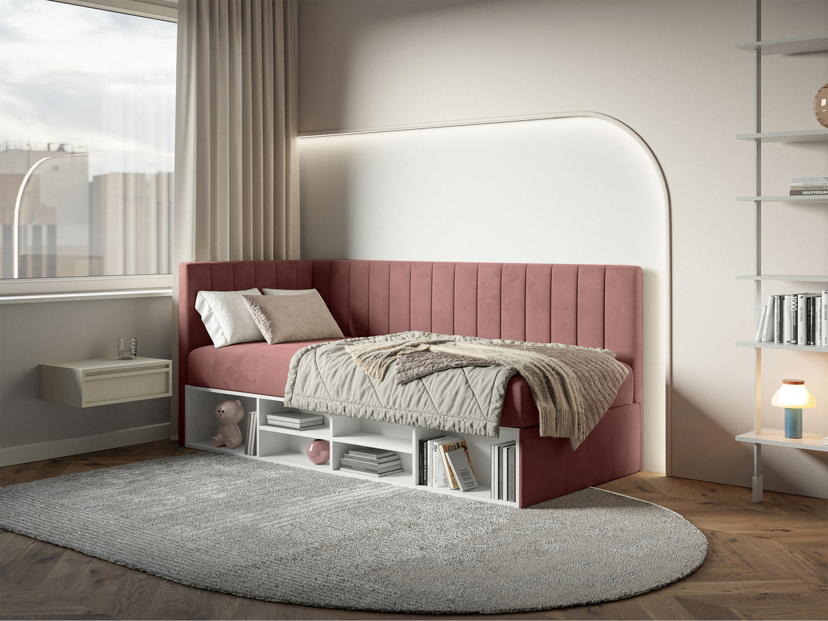 Lit junior 90x200 cm Ventrio gauche avec rangement et étagères velours rose hydrofuge et facile à nettoyer