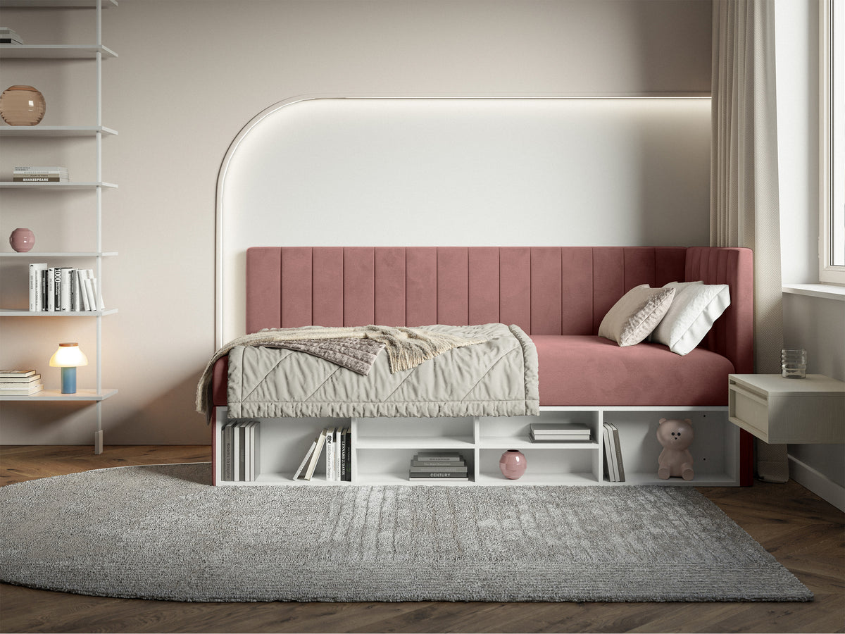 Jugendbett 90x200 cm Ventrio rechtsseitig mit Stauraum und Regalen, rosa Velours, wasserabweisend und pflegeleicht