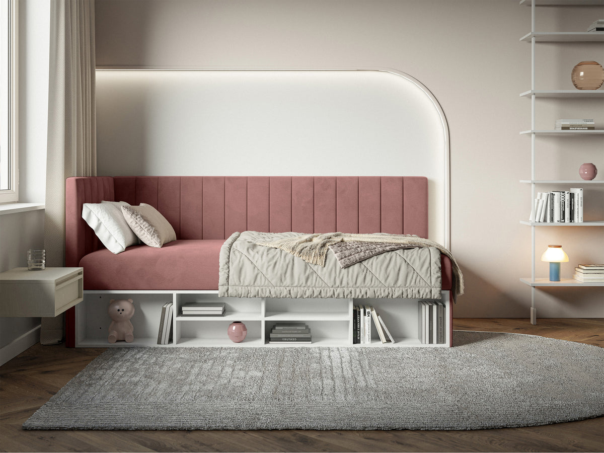 Lit junior 90x200 cm Ventrio gauche avec rangement et étagères velours rose hydrofuge et facile à nettoyer