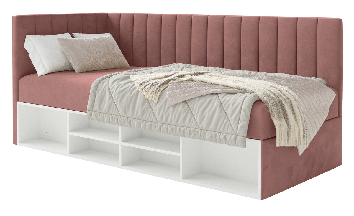 Lit junior 90x200 cm Ventrio gauche avec rangement et étagères velours rose hydrofuge et facile à nettoyer
