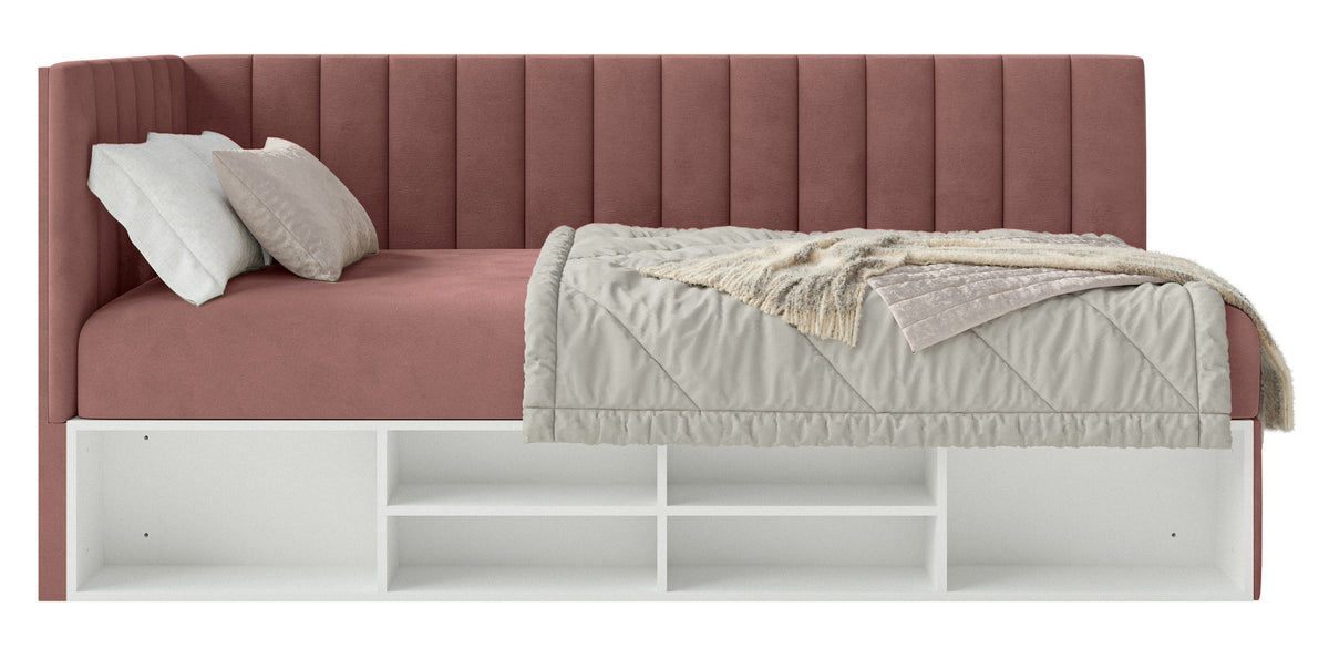 Lit junior 90x200 cm Ventrio gauche avec rangement et étagères velours rose hydrofuge et facile à nettoyer
