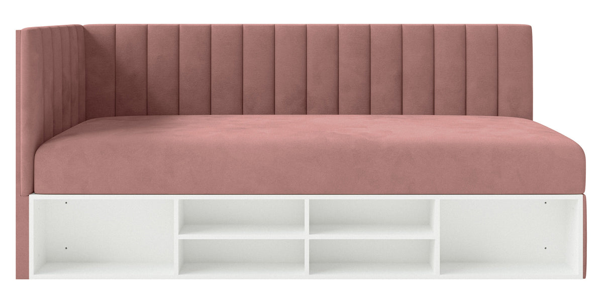 Lit junior 90x200 cm Ventrio gauche avec rangement et étagères velours rose hydrofuge et facile à nettoyer