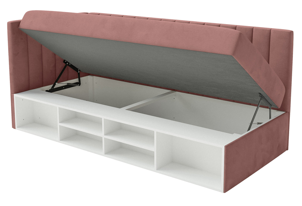 Lit junior 90x200 cm Ventrio gauche avec rangement et étagères velours rose hydrofuge et facile à nettoyer