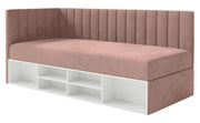 Lit jeune 90x200 cm Ventrio gauche avec rangement et étagères velours hydrofuge rose clair facile à nettoyer