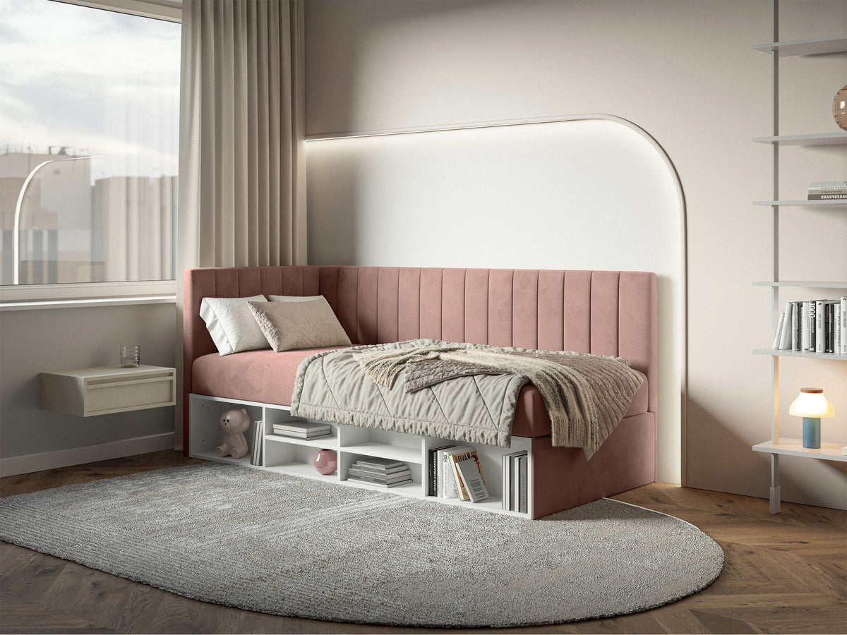 Lit jeune 90x200 cm Ventrio gauche avec rangement et étagères velours hydrofuge rose clair facile à nettoyer