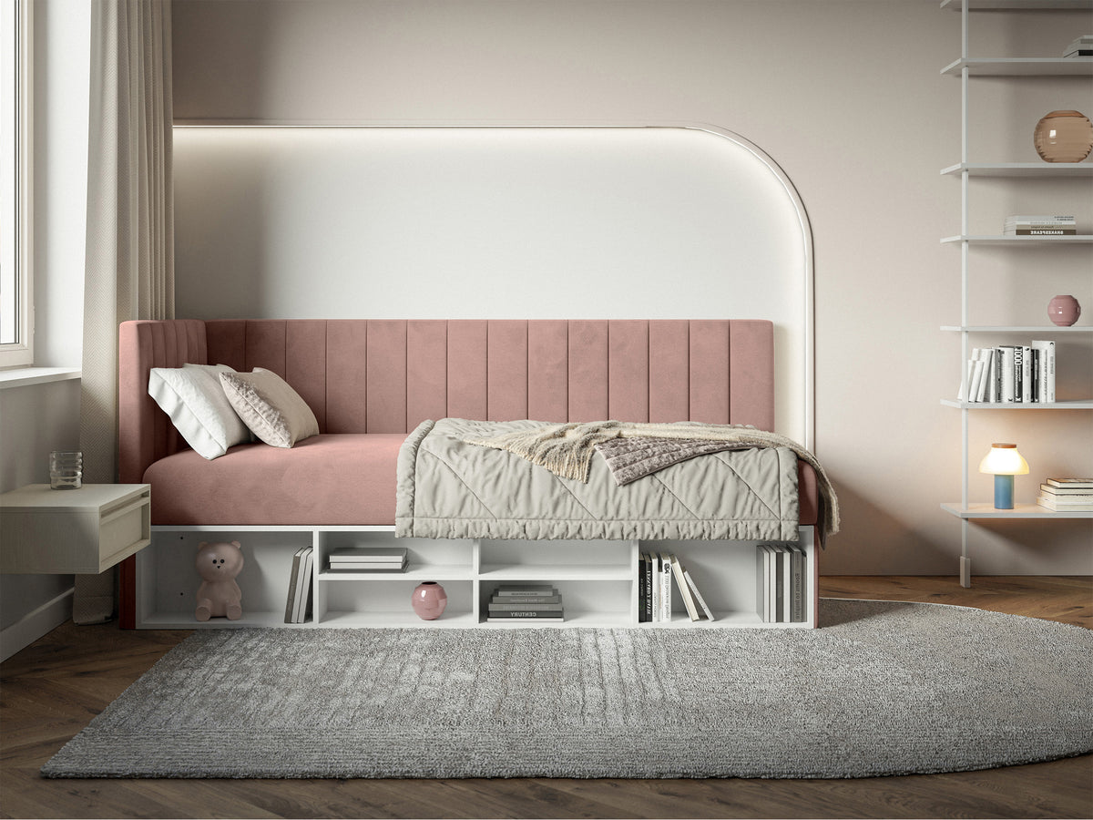 Lit jeune 90x200 cm Ventrio gauche avec rangement et étagères velours hydrofuge rose clair facile à nettoyer